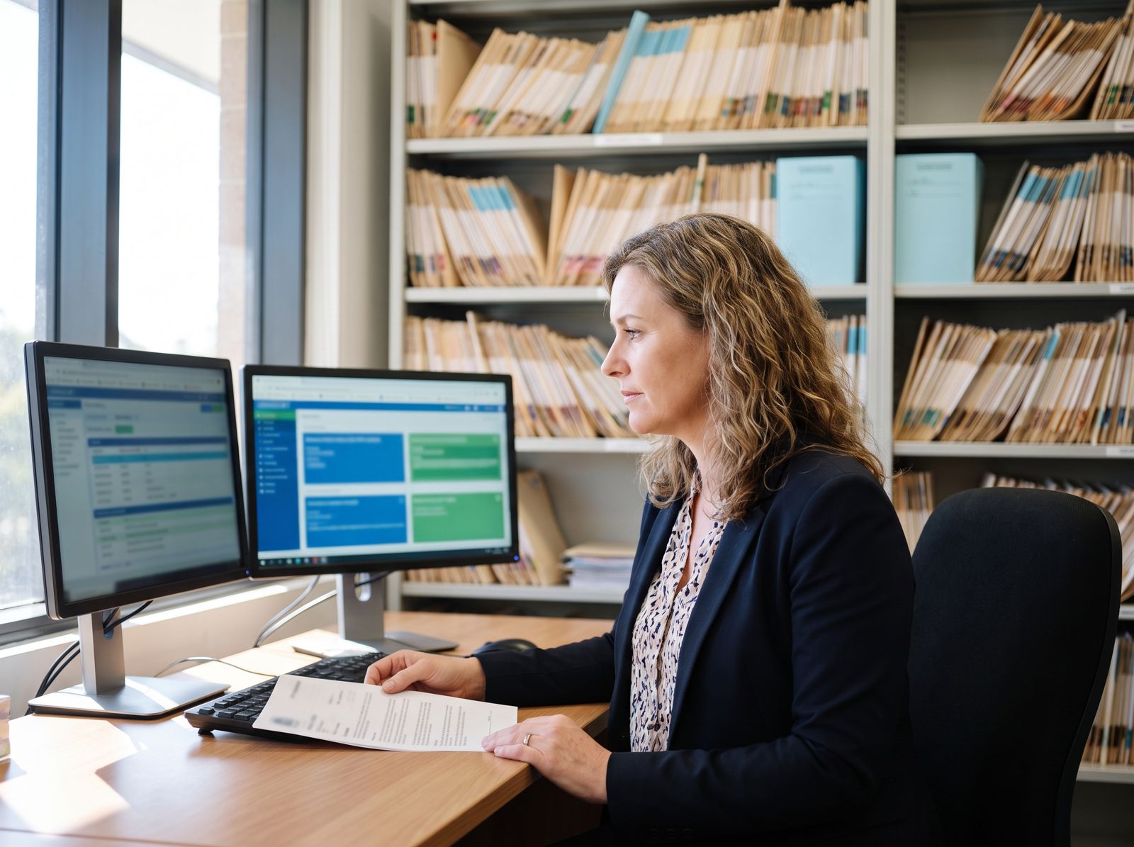 Health information professional working with patient records A staff member checking a printed record against her screens, the practical difference in health information management vs clinical coding
