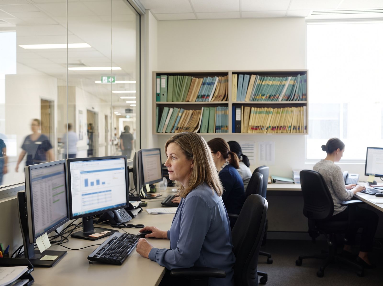 Health information manager working in a hospital health information unit Analysing patient data on dual screens in a busy hospital office, one of many health information manager jobs