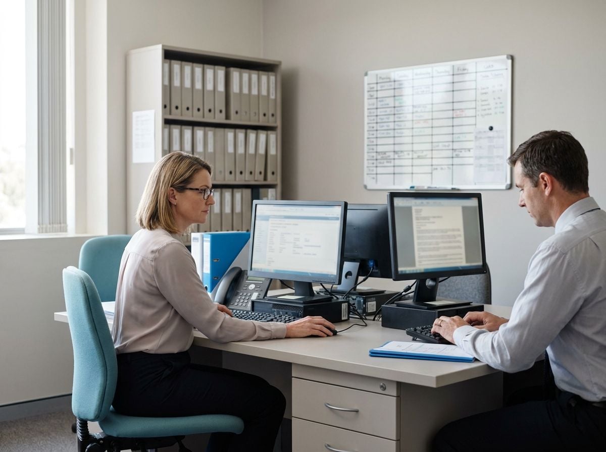 Health information manager working in a hospital office Two colleagues at computers in a health information office, the workplace behind a health information manager salary