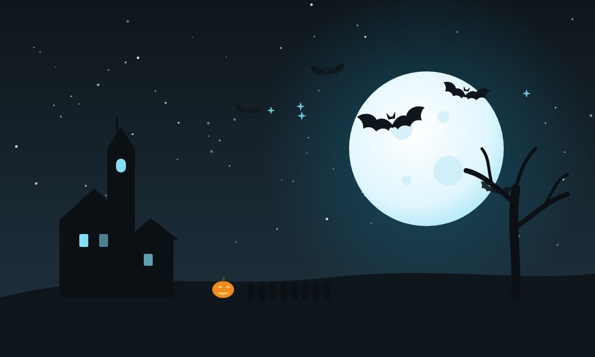 hero-a-midnight-moon Full moon with bats flying over a haunted house