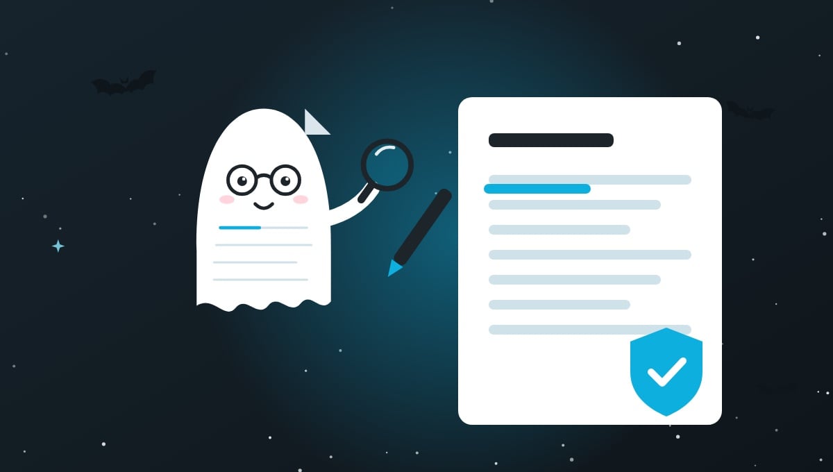 hero-f-dhd-ghost-writer Friendly ghost beside a document marked with a shield and tick
