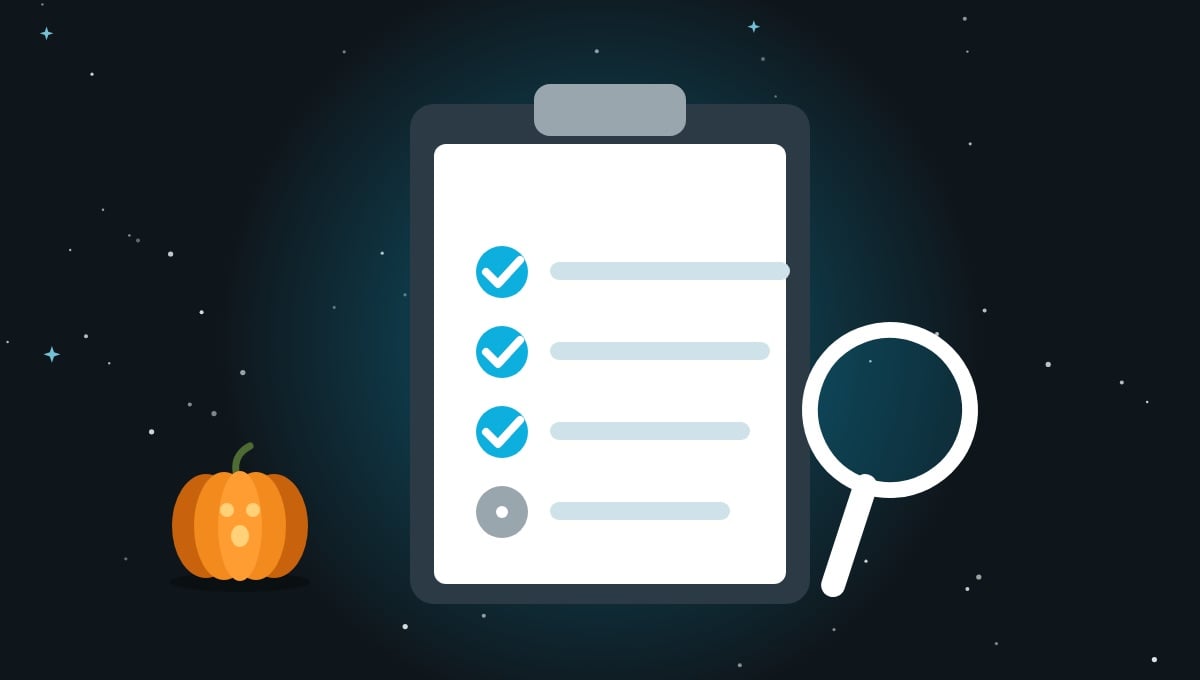 hero-g-dqa-checklist Clipboard checklist with a magnifying glass and a pumpkin