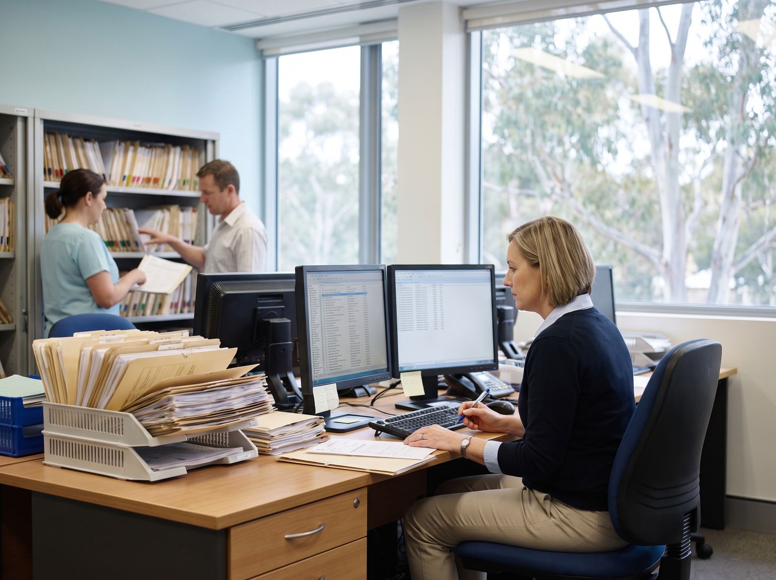 Health information manager working in a hospital health information unit Health information staff filing patient records, a scene for anyone researching how to become a health information manager